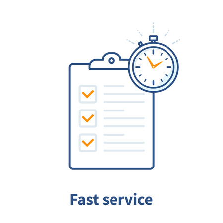 Fast service, simple solution, project management, improvement checklist, survey clipboard, enrollment concept, terms and conditions, time period, vector thin line icon illustrationのイラスト素材