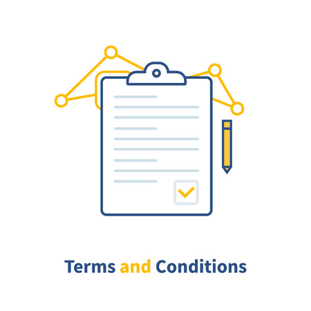 Contract terms and conditions, document paper, creative writing, read brief summary, assignment. Vector illustrationのイラスト素材