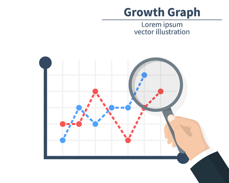 The concept of graph growth. Businessman holding a magnifier. The stock market has arrived. Vector illustration of a flat design. Isolated on white backgroundのイラスト素材