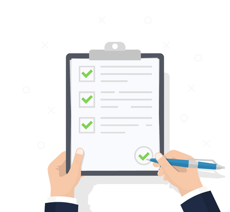 Businessman hands holding clipboard checklist with pen. Checklist, complete tasks, to-do list, survey, exam concepts. Best quality. Flat illustration of clipboard with checklist icon for web. Vectorのイラスト素材
