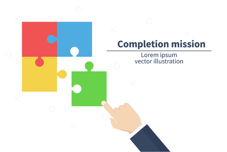 Completion mission concept. Businessman hold puzzle. Business metaphor. Successful implementation plan. Execute plan. Vector illustration flat designのイラスト素材