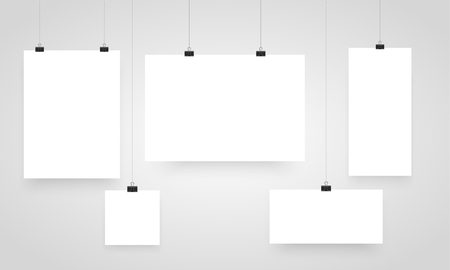 Mock-Up Realistic White Poster Hanging. Clips for Business Presentations, Place for Text. Empty White Poster Template. Vector illustrationのイラスト素材