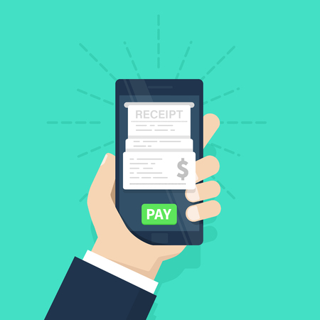 Mobile payment concept. Receipt. Pay bills on line. Internet banking. Using a mobile phone to bank and shop on line. Flat design, vector illustration on backgroundのイラスト素材