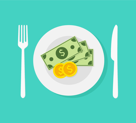 Money in plate. Saucer with payment. Gratuity concept. Cash payment. Flat design, vector illustration on backgroundのイラスト素材
