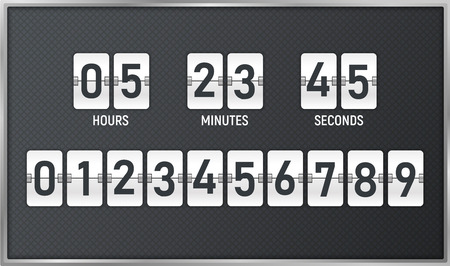Countdown timer. Time remaining count down flip board with scoreboard of day, hour, minutes and seconds for web page upcoming event template design, under constuction page. Vector illustrationのイラスト素材