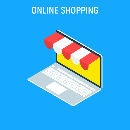 Online shopping isometric concept laptop. Flat design graphic elements, signs, symbols, line icons set. Vector illustrationのイラスト素材