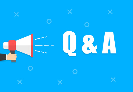 Male hand holding megaphone with Q and A speech bubble. Loudspeaker. Banner for business, marketing and advertising. Vector illustrationのイラスト素材