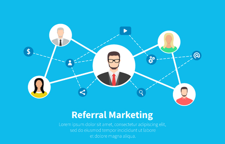Referral marketing, network marketing, business partnership, referral program strategy. Flat cartoon design, vector illustration on backgroundのイラスト素材