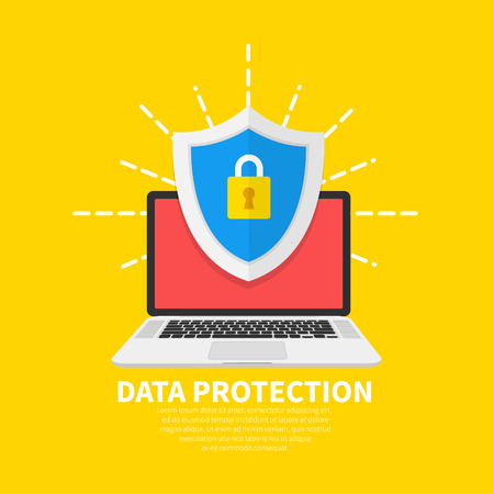 Data Protection flat illustration concept. Laptop with shield and lock. Flat cartoon design, vector illustration on backgroundのイラスト素材