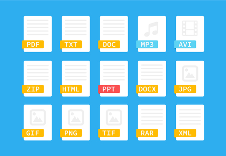 Document format. Flat style icon set. Programming file type, extension. Pictogram. Web and multimedia. Computer technology. Vector illustration on backgroundのイラスト素材