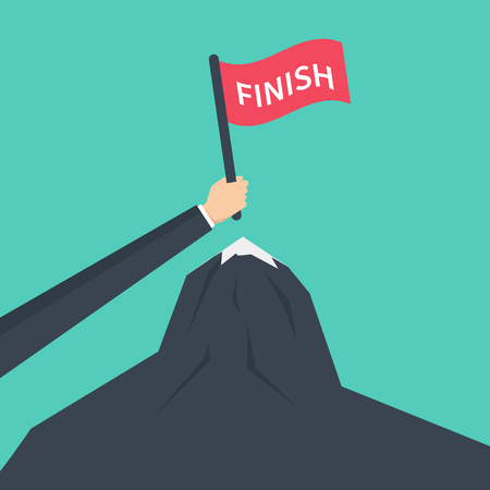 Finish flag on the mountain. Success concept illustration. Overcoming difficulties. Flat design, vector illustration on backgroundのイラスト素材
