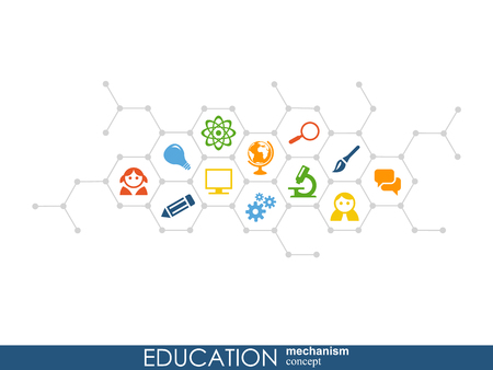 Education network. Hexagon abstract background with lines, polygons, and integrate flat icons. Connected symbols for elearning, knowledge, learn and global concepts. Vector interactive illustrationのイラスト素材