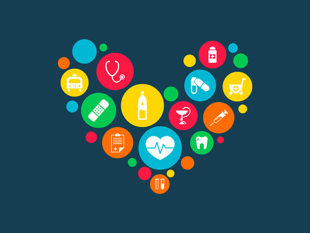 Healthcare mechanism concept. Abstract background with connected gears and icons for medical, health, strategy, care, medicine, network, social media and global concepts. Vector infographicのイラスト素材
