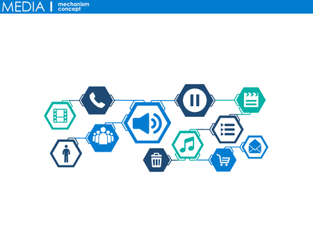 Electronics mechanism. Abstract background with connected gears and integrated flat icons. Connected symbols for monitor, phone. Vector interactive illustrationのイラスト素材