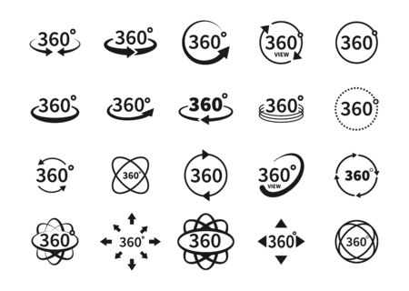 360 degree views of vector circle icons isolated from the background. Signs with arrows to indicate the rotation or panoramas to 360 degrees. Vector illustrationのイラスト素材