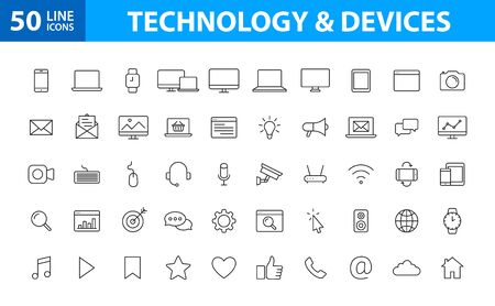 Set of 50 Device and technology web icons in line style. Computer monitor, smartphone, tablet and laptop. Vector illustrationのイラスト素材