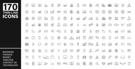 Big vector collection of 170 thin line Web icon. Business, contact us, money, analysis, banking, technology, social media. Set icons. Vector illustrationのイラスト素材