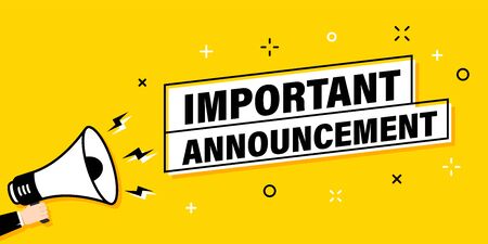 Male hand holding megaphone with Important Announcement speech bubble. Loudspeaker. Banner for business, marketing and advertising. Vector illustrationのイラスト素材