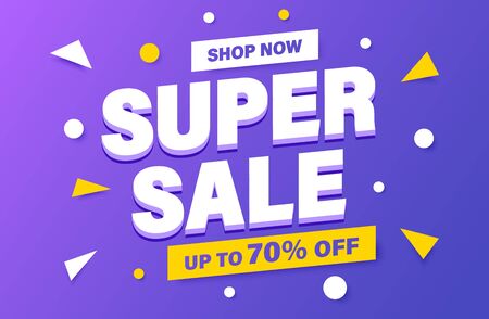 Super Sale banner, special offer and sale. Shop now or this weekend only. Up to 50 or 60 or 70 off. Discount, mega sale. Vector illustrationのイラスト素材