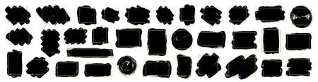 Set of brush strokes with gold frames. Modern brush, frames, banner. Grunge brush stroke element. Vector black paint illustration for your textのイラスト素材