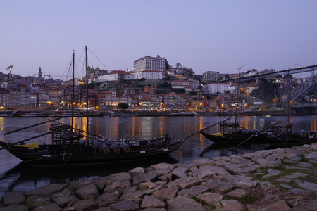 View over River Douro at dusk, Porto, Portugalの写真素材