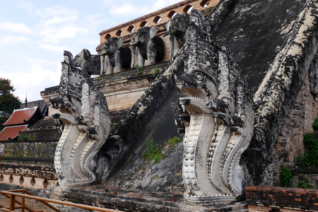 Dragon gaurdians at Wat Chedi Luang. Chiang Mai, Thailand.の写真素材