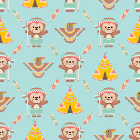 cute native american animal cartoon seamless pattern setのイラスト素材
