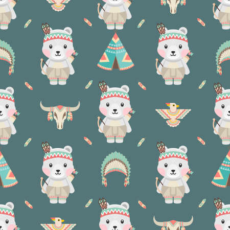 cute native american animal cartoon seamless pattern setのイラスト素材