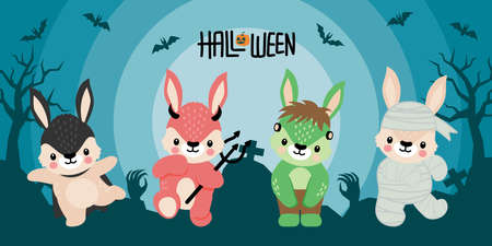 CUTE HALLOWEEN RABBIT BUNNY CARTOON DOODLE SEAMLESS PATTERN ILLUSTRATIONのイラスト素材