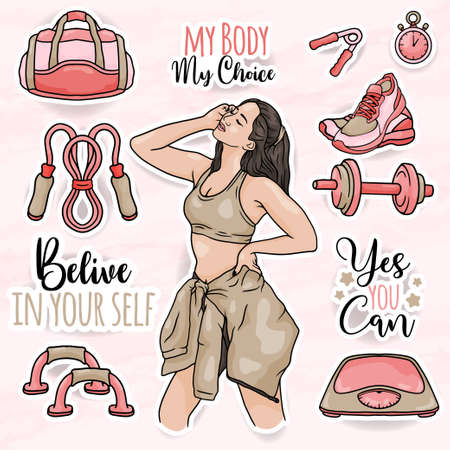 beautiful women sticker clip art collections set with girl gym equipmentのイラスト素材