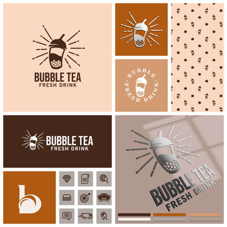 vintage bubble tea  with seamless pattern and mockupのイラスト素材