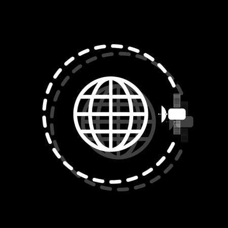 Globe symbol with satellites. White flat simple icon with shadowのイラスト素材