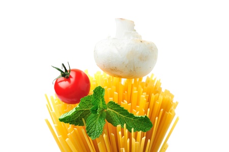 An image of noodles, tomato, mushroom and basilの写真素材