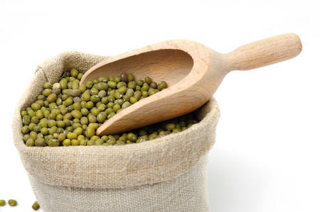 An image of green lentils in a bagの写真素材