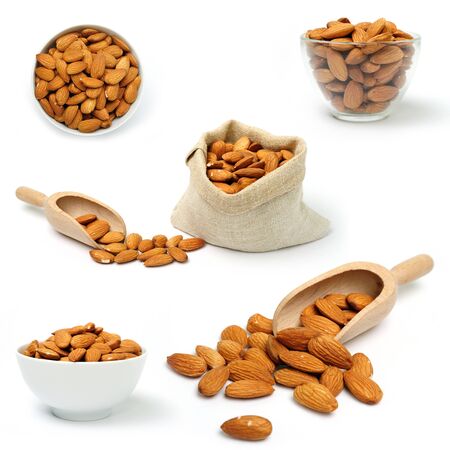 A set of images of dried almonds in a bowl and in bagの写真素材