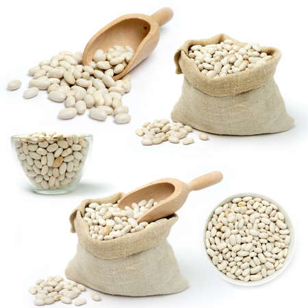 An image of white beans a textile sack and bowlの写真素材