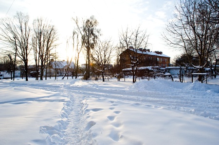 An image of snowy winter in the villageの写真素材