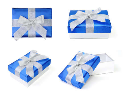 Set of blue gift boxes on white backgroundの写真素材