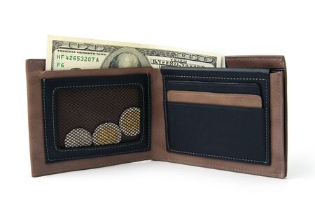 leather wallet with money in it on white background