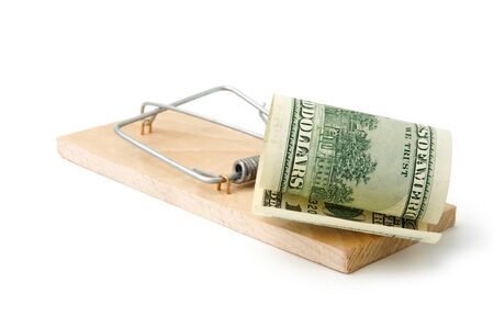 Mousetrap with 100 dollars on white backgroundの写真素材