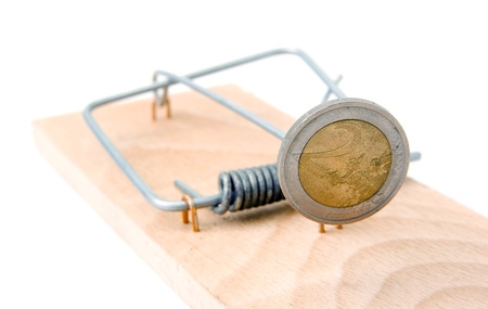 Mouse trap with Euro coin on white background