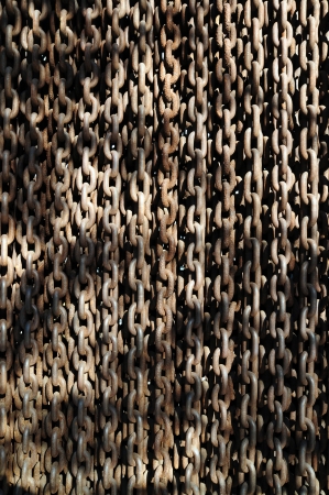 An image of a lot of rusty chains hanging outdoors