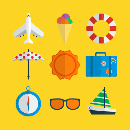 Bright Summer Icons Displayed with Yellow Background. Embracing Flat Designのイラスト素材