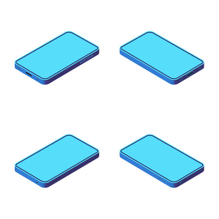 Isometric Smartphone Screen Artwork. Illustrated Presentation of Mobile Phone Display Captured from Four Anglesのイラスト素材