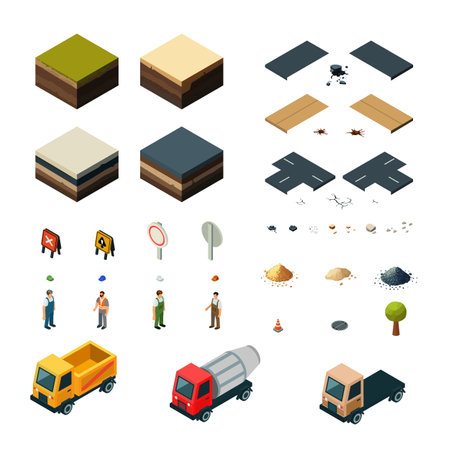 Comprehensive collection of isometric urban road revamp elements for modernizing city streetsのイラスト素材
