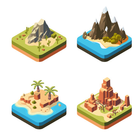 Skybound Oasis Expedition: Isometric Vector Art Capturing the Thrills of Exploring Multiple Flying Desert Islands Across Vast, Endless Horizonsのイラスト素材