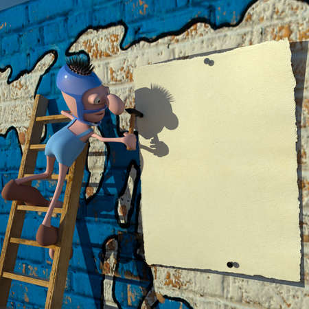 man on a ladder to put a signの写真素材