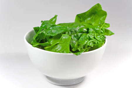 raw spinach leaves in a white bowl with white backgroundの写真素材