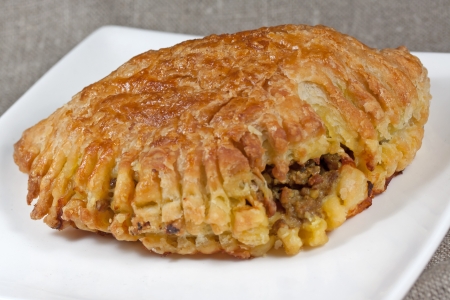 pasty filled with minced meat on a white plate with beige backgroundの写真素材