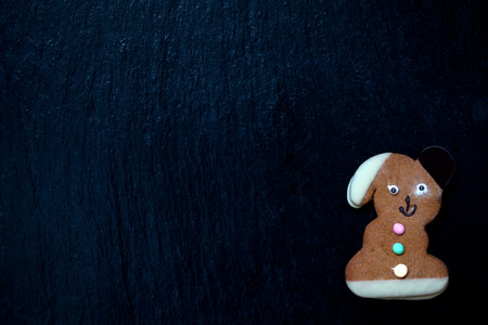 baked Easter bunny on black with space for text